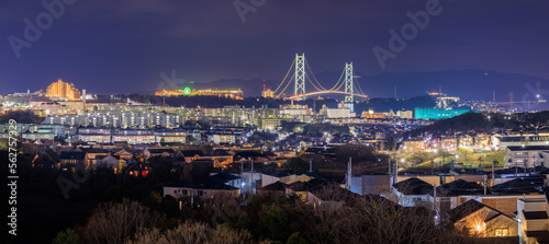 Panoramic View of in Residential Suburb and Suspension Bridge at Night