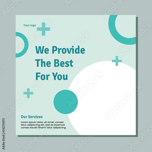 Medical social media post template design. Modern banner with blue and white background and place for the photo. Usable for social media, banner, and website.