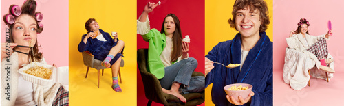 Collage made of portraits of happy young peoplewearing homewear having breakfast over multicolored backgrounds. Banner. Concept of active lifestyle and happiness photo