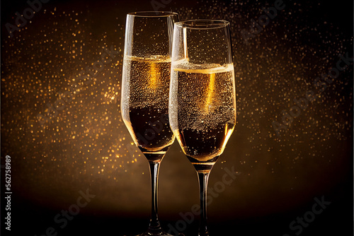 Two glasses champagne cheers, New Years Eve party. Generative AI