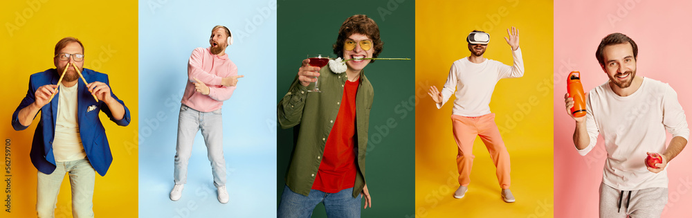 Collage made of portraits of happy young diverse men in different fashion style clothes posing over multicolored backgrounds. Banner. Concept of active lifestyle and happiness Collage made of portraits of happy young diverse men in different fashion style clothes posing over multicolored backgrounds. Banner. Concept of active lifestyle and happiness