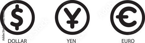 Money symbol inside two half circle : Dollar icon, euro icon, yuan icon.