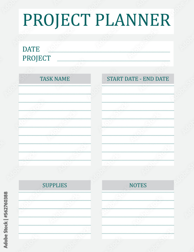 Obraz premium Project Planner Template. A concise design for a business notepad page. Business organizer. Project schedule. Letter format. Vector illustration