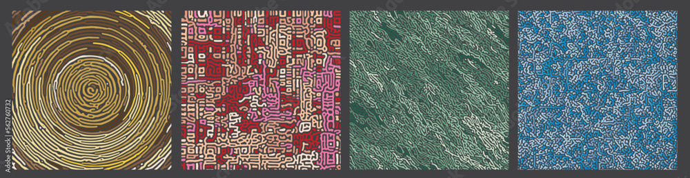 Abstract reaction biology diffusion turing pattern in 4 variant styles and colours. Vector illustration.  