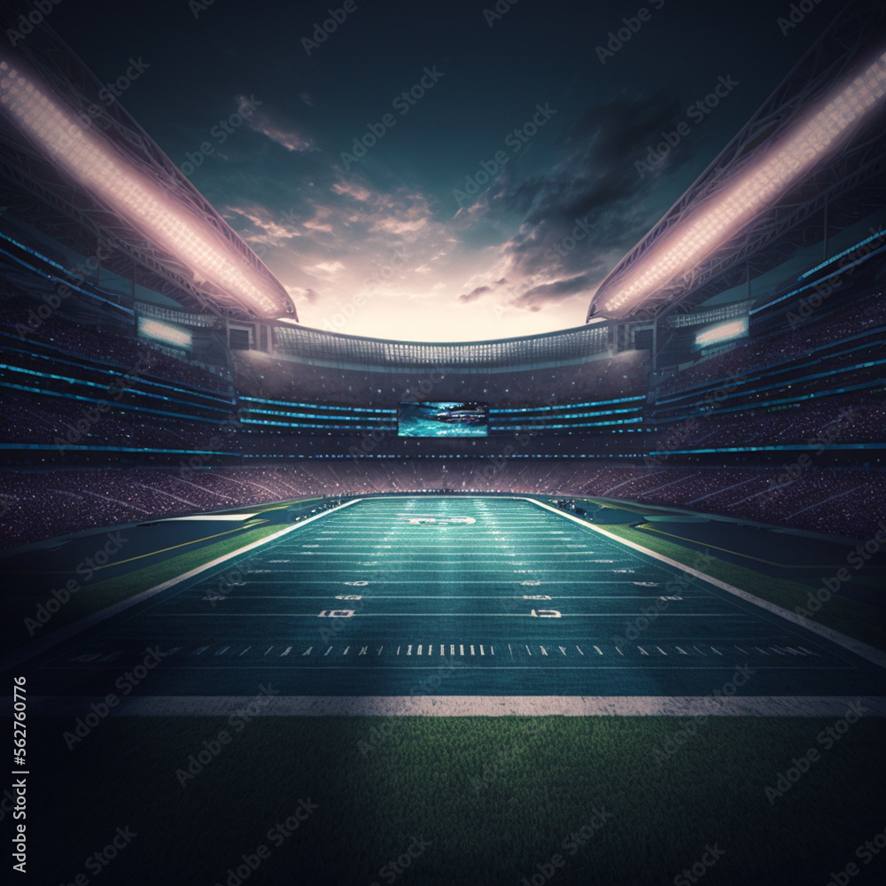 American football stadium. Football field illuminated by stadium lights