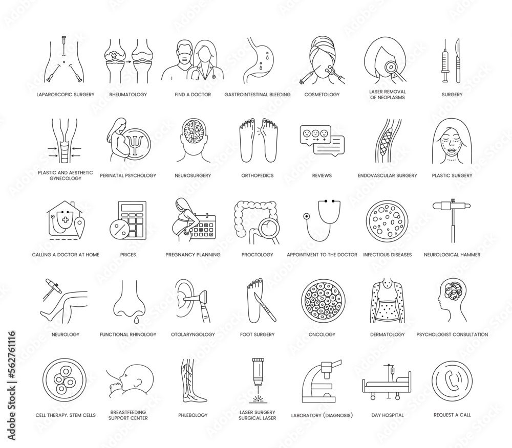 Naklejka premium Types of medical services in the hospital set of line icons in vector, illustration rheumatology and laparoscopic surgery, find a doctor and gastrointestinal bleeding, cosmetology and neurosurgery.