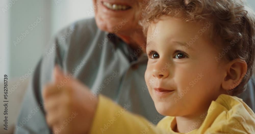 Quality Time Between a Kid and his Grandfather: Senior Man Watching Television and Speaking with his Grandson. the Little Cute Boy is Sharing and Explaining his Favorite TV Show to his Grandpa