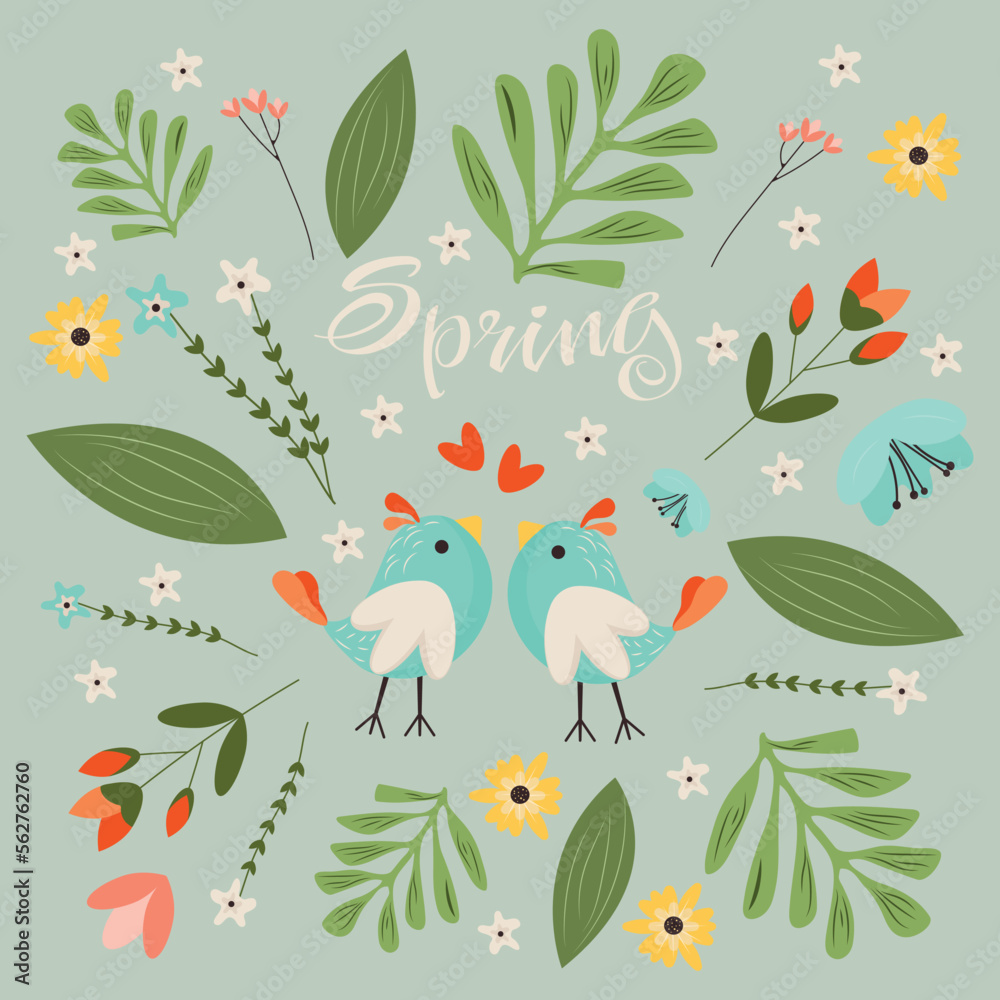 Colorful spring design, spring flowers and lovebirds. Vector illustration for postcard, cover, poster, banner, packaging