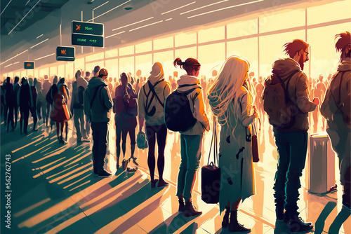 many people waiting in long queues at the airport for evacuation. the long lines of passengers waiting to board their flights, highlighting difficult reality of travel during a pandemic generative ai