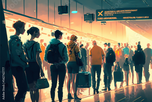 many people waiting in long queues at the airport for evacuation. the long lines of passengers waiting to board their flights, highlighting difficult reality of travel during a pandemic generative ai photo