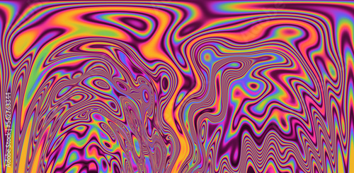 Abstract 70s hippie-style psychedelic background with neon iridescent streaks and stains. © local_doctor