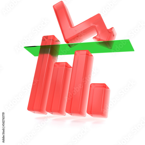 Stop-loss order illustration. Red Graph showing bear market with green Stop Loss line. Cut losses. Isolated on white. 3D render. Clipping path included.