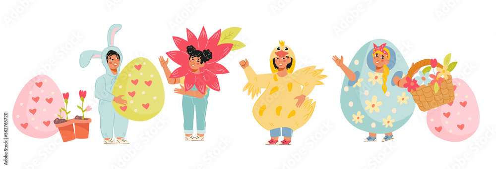 Funny kids in costumes for Easter and spring holidays. Children at the Easter party or festival. Funny kids in costumes for Easter and spring holidays. Children at the Easter party or festival.