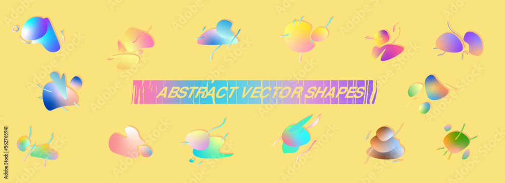 Gradient abstract shapes set. Creative geometric pattern elements. Modern acid curved funky forms. Vector isolated banner design.