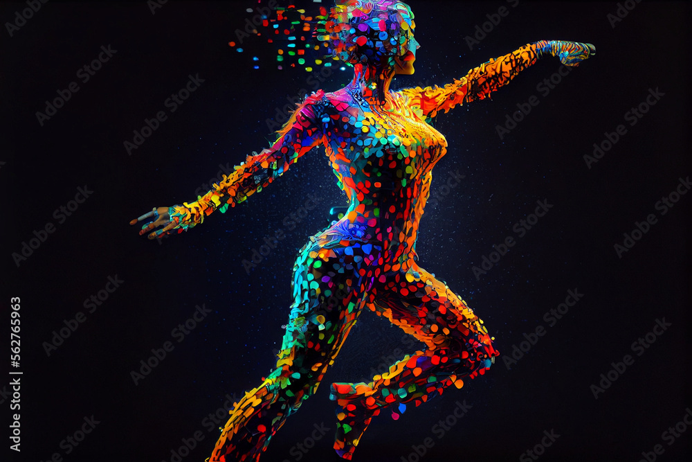 A fictional person. Silhouette of a Beautiful Woman in Full Body Dynamic Pose Disintegrating into Colorful Glowing Micro Voxels - A Fusion of Dance, Sport, and Vector Art. Generative Ai