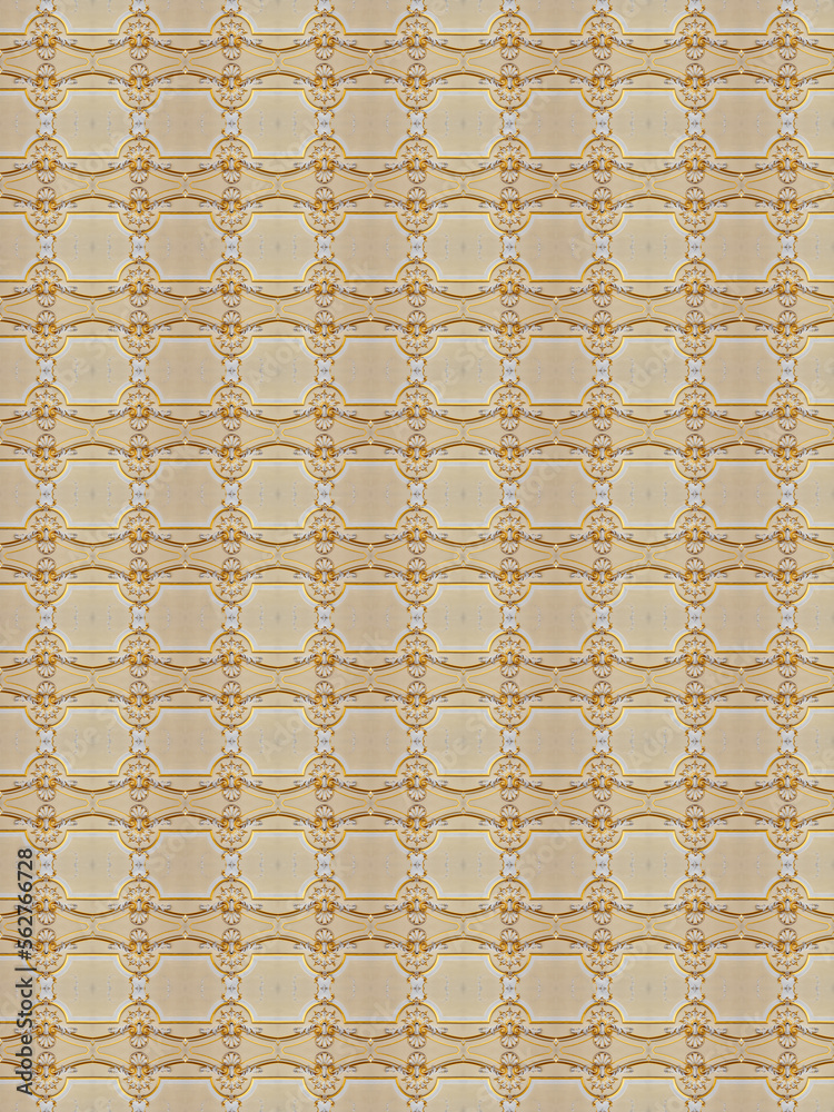 Golden decorative kaleidoscope mosaic baroque ornament pattern of original decoration from historical buildin
g in Bratislava. Geometric design for fabric, textile print,
wrapping paper, cover.