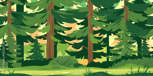 Path through the forest with big green trees game background tillable horizontally, tourist route through the dense spruce forest and bushes in summer sunny day nature illustration background