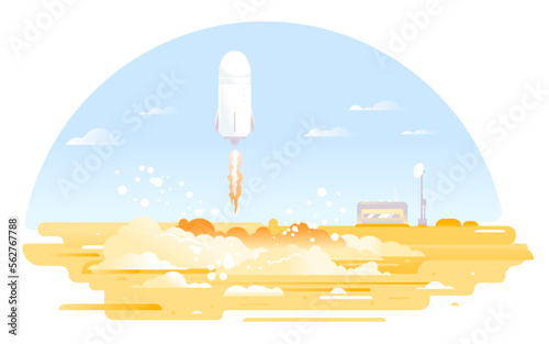 Large oval bright rocket launch in the middle of the desert with mission control center afar, rocket ship flying to the space concept illustration in flat style isolated, colonization of Mars