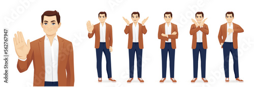 Young business man in casual clothes showing negative emotions with different gestures set. Upset, dislike, angry, refused isolated vector illustration.