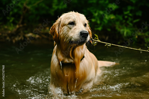 A light-colored dog brought a stick out of the water. Golden retriever bathes in nature. Walking with the dog. Training.