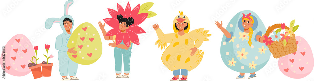 Funny kids in costumes for Easter and spring holidays. Children at the Easter party or festival. Funny kids in costumes for Easter and spring holidays. Children at the Easter party or festival.