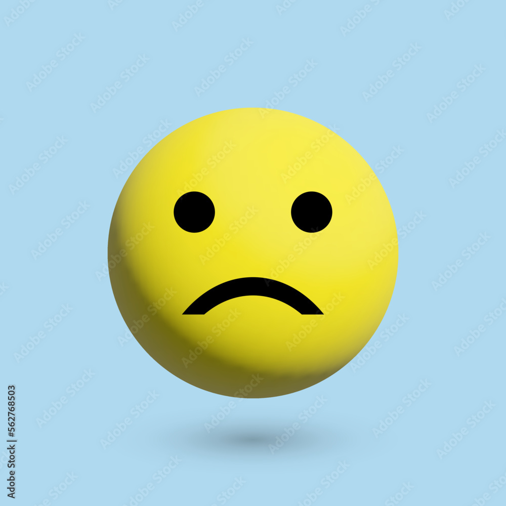 Fototapeta premium 3D sad emoticon, vector. 3D sad smiley yellow color with a shadow on a blue background.