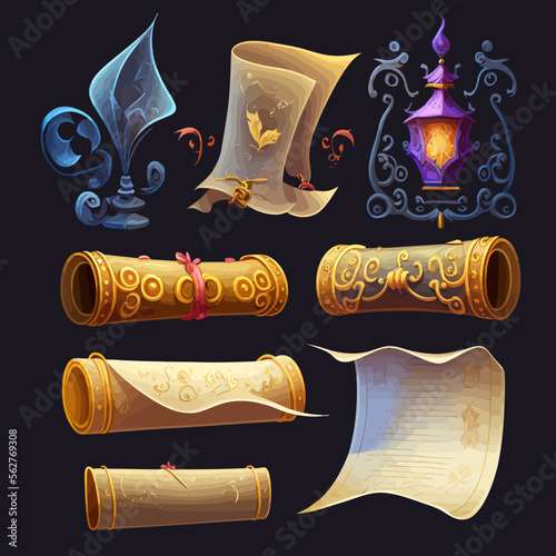 Cartoon set of magic parchment paper scrolls isolated on dark background. Isolated on background. Cartoon vector illustration