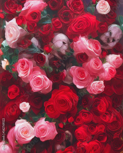 Red roses as background  generative ai. Beautiful blooming flowers as Valentine s day design element.