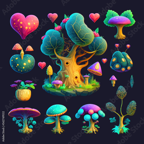 Fantasy trees and mushrooms for ui game design. Isolated on background. Cartoon vector illustration