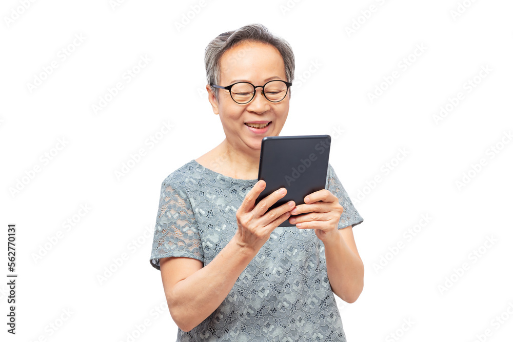 Happy senior asian woman having video call on digital tablet isolated on white background Happy senior asian woman having video call on digital tablet isolated on white background