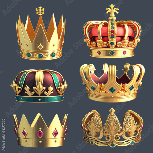Set of golden crowns for king or queen, colorful crowning headdress for Monarch. Isolated on background. Cartoon vector illustration