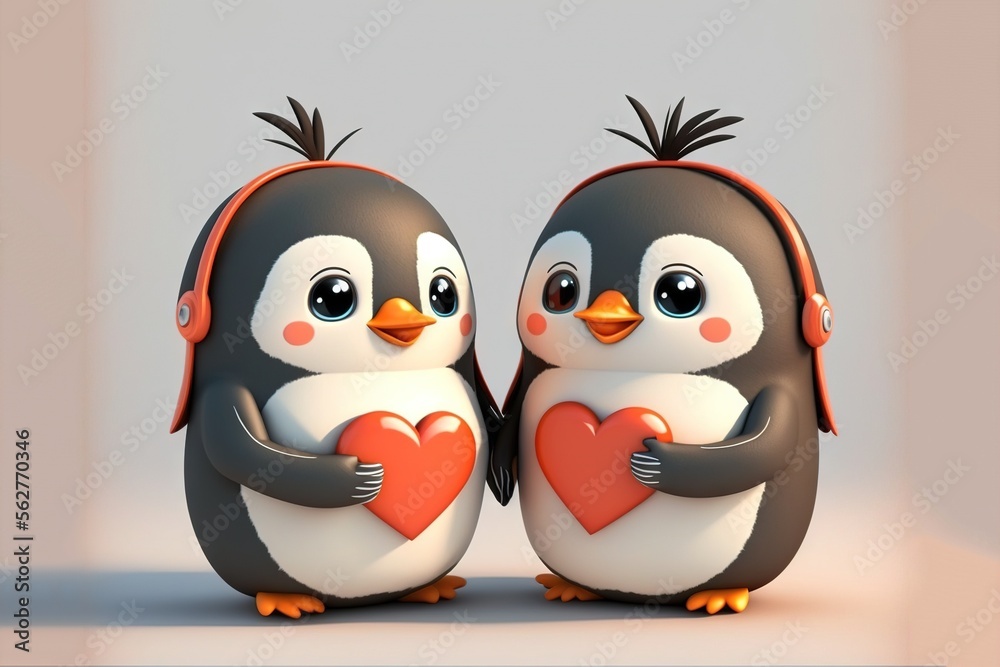 Fototapeta premium Cute penguin couple in love Valentine's Day illustration generative ai