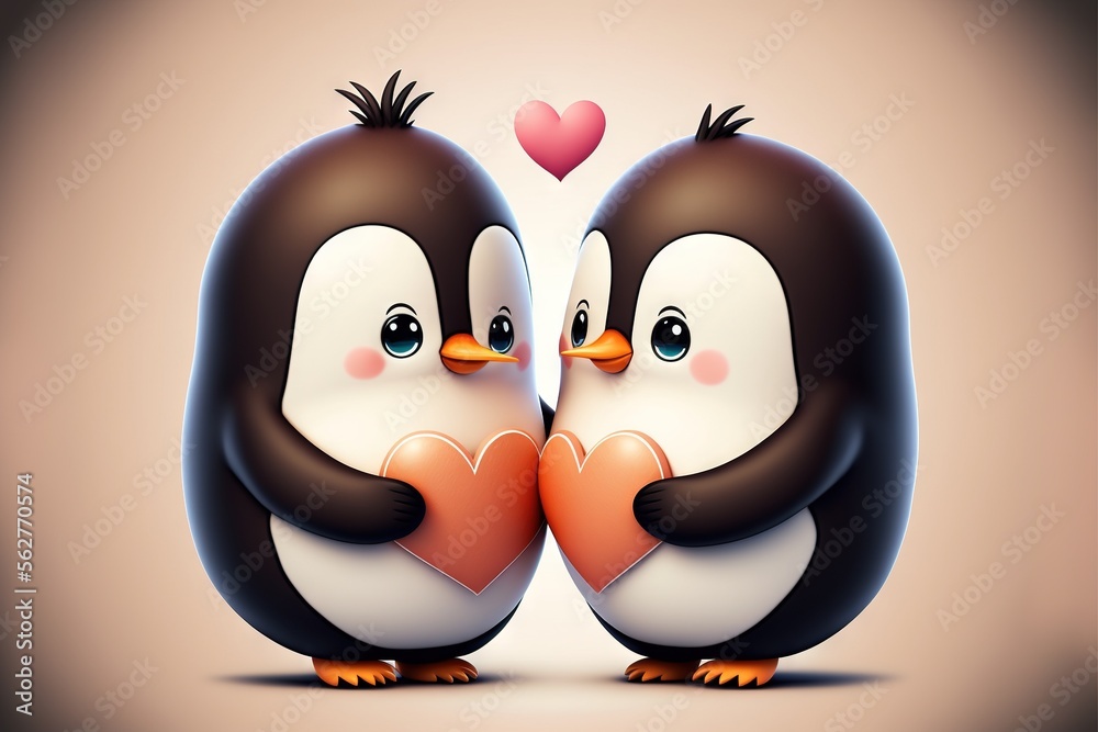 Obraz premium Cute penguin couple in love Valentine's Day illustration generative ai