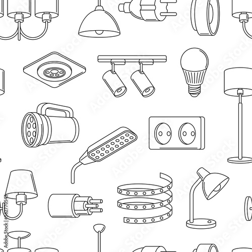 Seamless pattern with electric lightings and lamps. Electrical equipment. Industrial or business design.