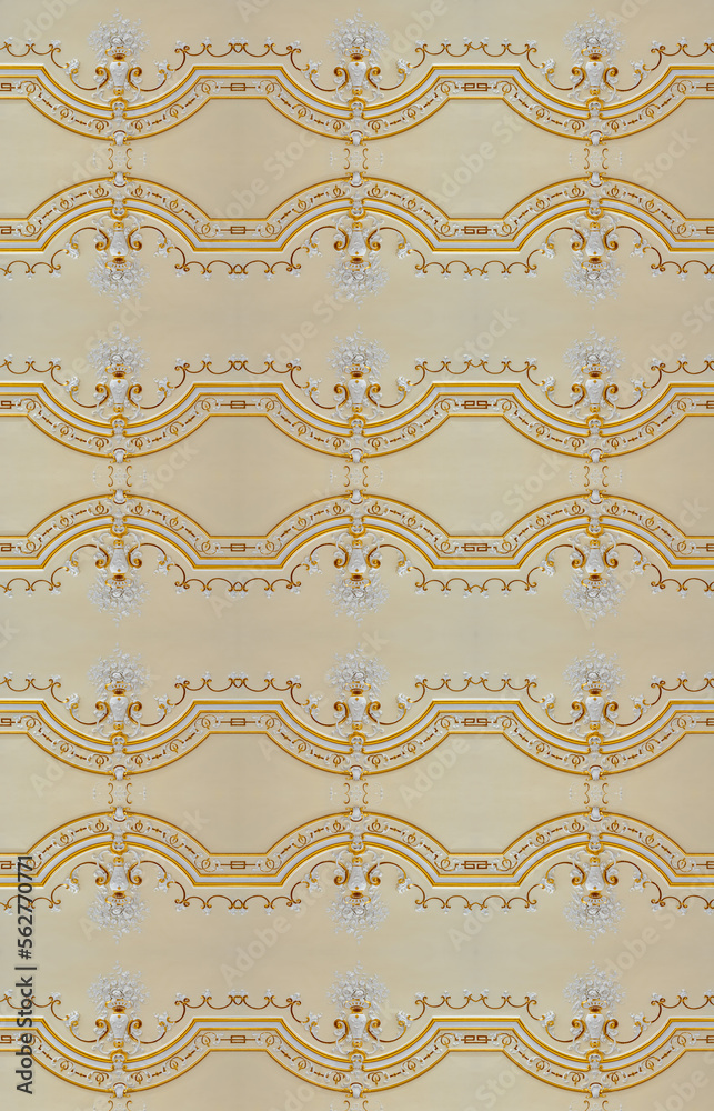 Golden decorative kaleidoscope mosaic baroque ornament pattern of original decoration from historical buildin
g in Bratislava. Geometric design for fabric, textile print,
wrapping paper, cover.