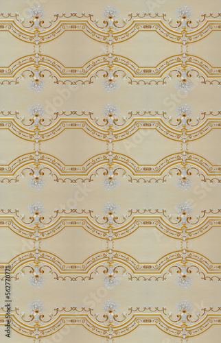 Obraz na płótnie Golden decorative kaleidoscope mosaic baroque ornament pattern of original decoration from historical buildin
g in Bratislava. Geometric design for fabric, textile print,
wrapping paper, cover.
w salonie
