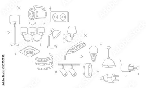 Background with electric lightings and lamps. Electrical equipment. Industrial or business design.