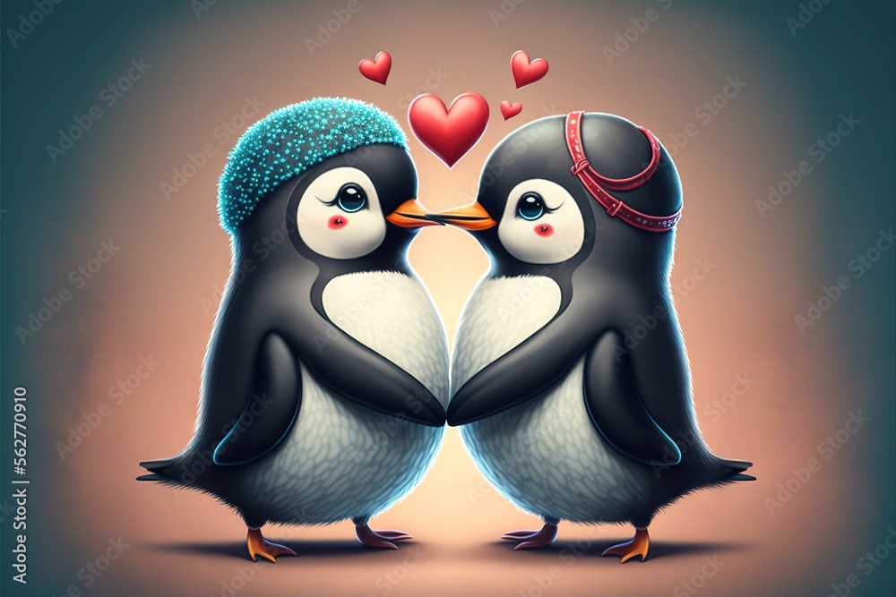 Fototapeta premium Cute penguin couple in love Valentine's Day illustration generative ai