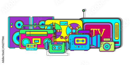 Set of retro technics 90s.Vintage Audio recorder and player.Vector illustration .