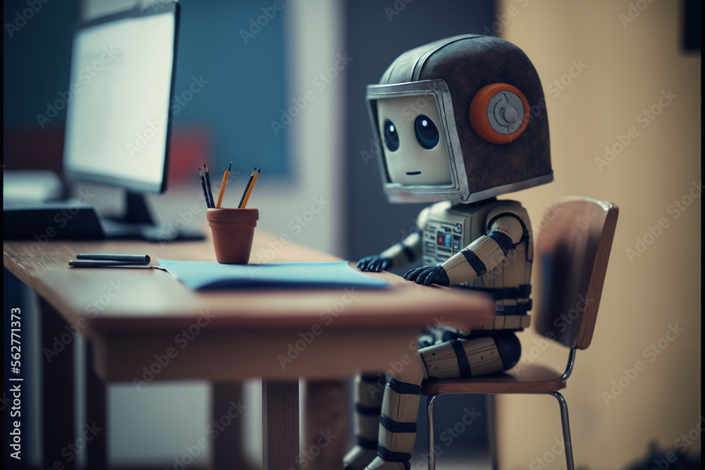 little cute robot sits at a school lesson at a desk, does homework, technological progress, cartoon style, school robot, android student, near future, art created by ai - obrazy, fototapety, plakaty 