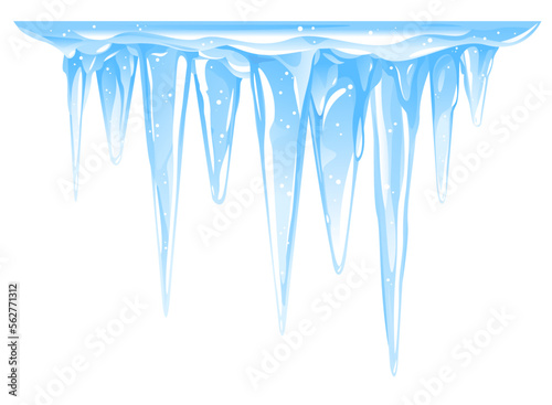 Blue frozen icicle cluster hanging down from snow-covered ice surface, big quality detailed group of icicles isolated, carefully drop the icicles