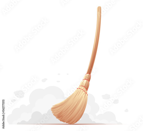 One big yellow broom sweep floor with long wooden handle isolated, household implement from dust and dirt