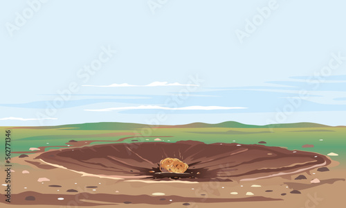 Asteroid crater with cracks and stones at the bottom landscape background, large hot asteroid lies in center of crater on field in day, nature disaster concept illustration background