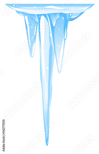 Blue frozen icicle cluster hanging down from snow-covered ice surface, small group of icicles isolated, carefully drop the icicles