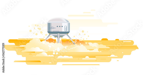 One metallic landing module touchdown on Mars planet in flat style isolated, colonization concept illustration, landing a spacecraft