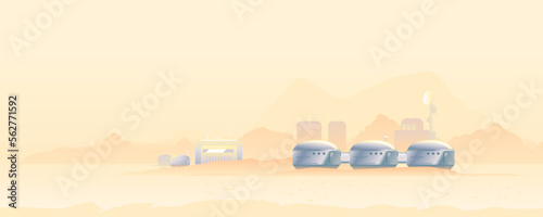 Metallic capsules on the Mars planet in flat style isolated, martian landscape with sand and Martian colony, colonization concept illustration