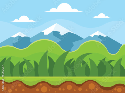 Game background with mountains, hills, green grass, blue sky and clouds. Vector graphics