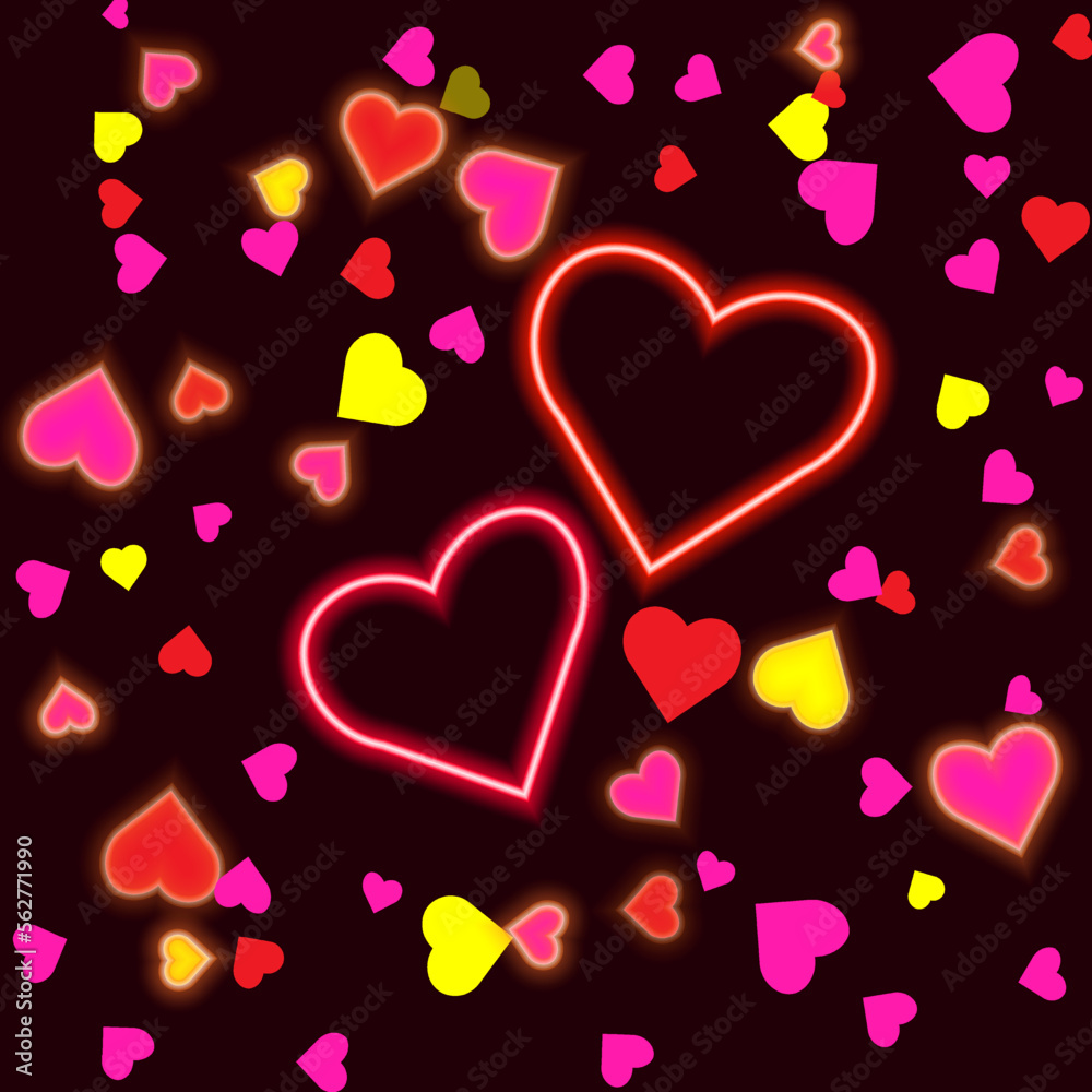Two neon hearts on a dark background. Flying heart-shaped confetti around.
