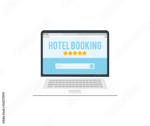 Planning vacation trip and searching information or booking an hotel on laptop logo design. Booking website provide reservation system. Travel technology concept vector design and illustration. 