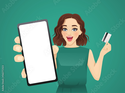 Surprised young beautiful woman holding credit card and showing phone screen. Online shopping vector illustration isolated